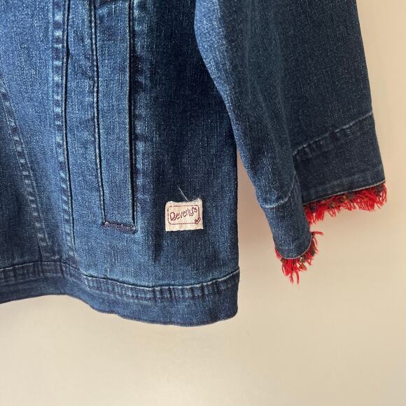 Vintage 90s Beverly's Red Fringe Denim Jacket Size Large - Picture 3 of 5